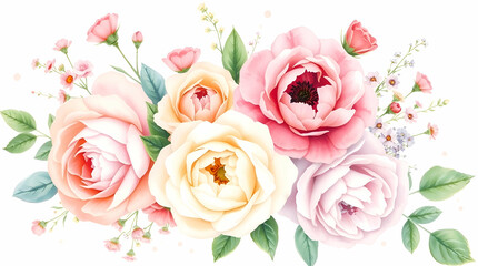Fototapeta premium watercolor roses in soft pink hues neutral background. Watercolor Flowers. Watercolor floral illustration set. watercolor roses background. watercolor florals.