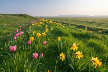 Obraz premium Lush green grasslands with vibrant wildflowers of yellow daffodils and pink tulips swaying gently in the spring breeze, fresh, landscape, sunny, spring