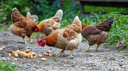 Fototapeta premium Chicken Coop Snack Time: A group of four free-range chickens gather around a pile of food, their brown and white feathers gleaming in the sunlight. They peck at the tasty morsels with a casual.