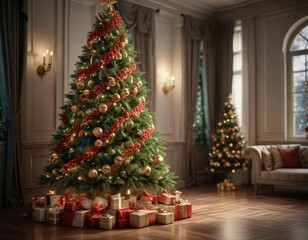 Luxurious and elegant garlands wrapped around a Christmas tree, Luxurious, elegant, traditional