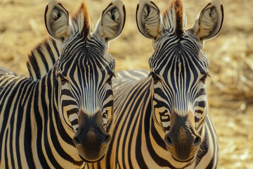 Naklejka premium Zebras are standing close together in a rocky area with rocks