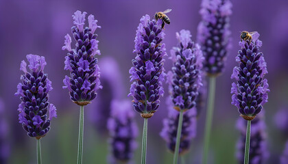 Obraz premium Photo Lavender Flowers Bees Purple Bloom Nature Insect Pollination