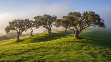 Serene Sunrise: Majestic Oaks on Rolling Green Hills
