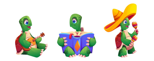 Cute cartoon tortoise mascot set - playing guitar, reading blue book, shaking maracas. Green turtle character with red shell wearing yellow sombrero, expressing cheerful emotions and musical activity.