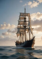 Obraz premium Merchant vessel in calm sea with mast and rigging, mast, sailing