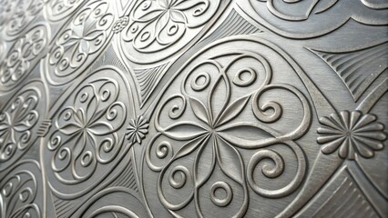 Metallic silver abstract texture background with intricate geometric patterns and swirling shapes, metallic silver, futuristic