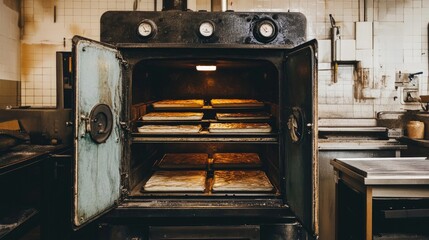 A large industrial oven with heavy-duty doors and multiple baking trays inside.