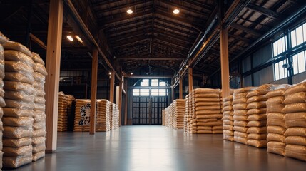 Fototapeta premium A large storage barn filled with neatly stacked bags of Japanese rice.