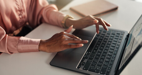 Hands, review and woman in office with laptop, market research or web schedule for online project stats. Proposal, data analysis and businesswoman at desk for email, report or business intelligence