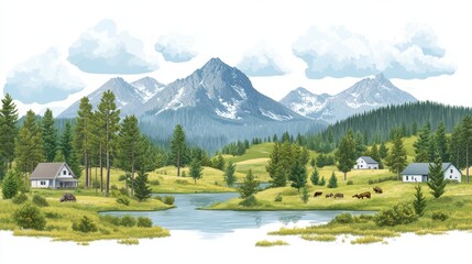 Mountain lake ranch scenic view, cows grazing, idyllic background, nature travel poster