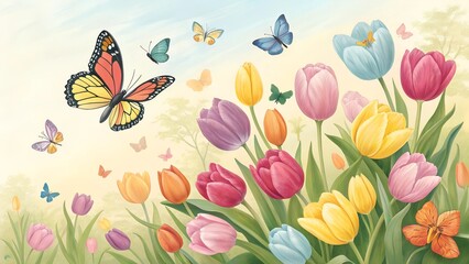 Obraz premium Rainbow Tulips and Butterflies: A vibrant spring scene featuring a profusion of colorful tulips in various shades, playfully adorned with fluttering butterflies.