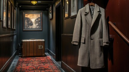 A long overcoat hanging beside a vintage suitcase in a dimly lit hallway.