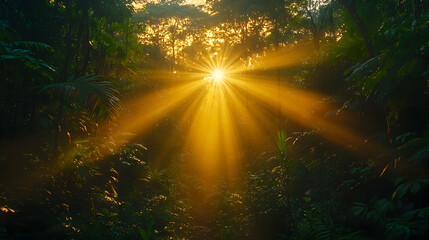 Photo - Golden Sunrise Jungle Sunlight Rays Nature Forest Trees Plants Landscape