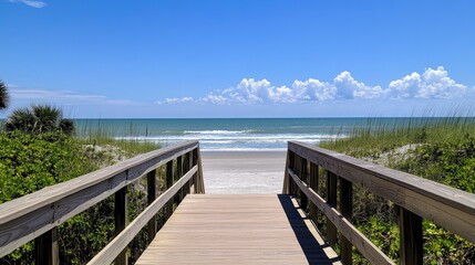 A long wooden boardwalk leading to a pristine beachside with rolling waves.