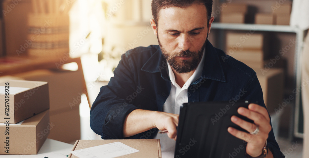 Poster man, typing and box with tablet for distribution of online orders, inventory checklist and stock shi