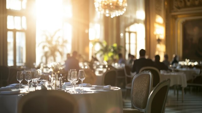 Elegant Dinner Setting: A beautifully set table with sparkling glasses and pristine white linens awaits guests in a luxurious restaurant, bathed in the warm glow of the setting sun.