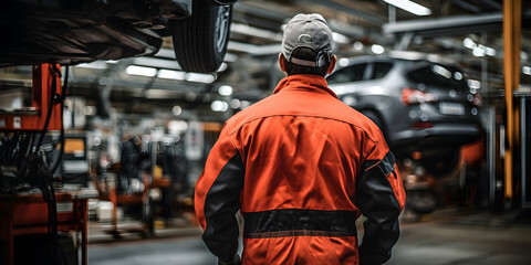 Automotive Mechanic in Orange Uniform Overlooking Vehicles in a Busy Garage Environment with Tools and Equipment Present