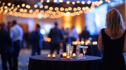 A Moment of Reflection: In a beautifully lit event space, a woman stands in elegant attire, her back to the camera, taking in the festive atmosphere of the gathering.