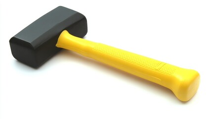 Black hammer with yellow handle on white background.  Possible use Construction tool illustration