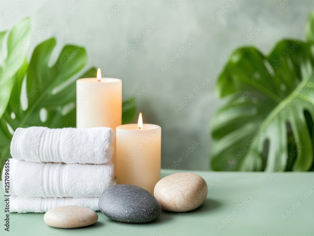 Aufkleber candle towels and stones arranged neatly on a green table for a relaxing ambiance