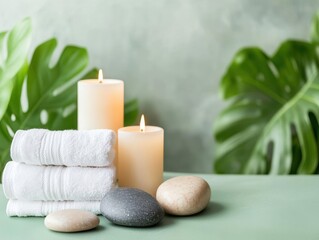 Candle towels and stones arranged neatly on a green table for a relaxing ambiance