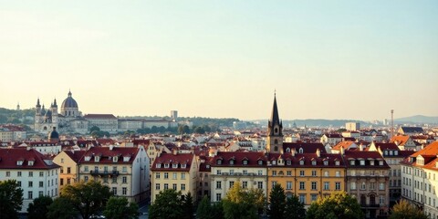 Obraz premium Golden Hour Panorama of a European Cityscape Featuring Traditional Architecture with Red Tile Roofs and a Majestic Church in the Distance