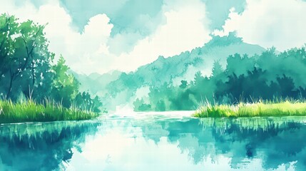 Serene River Landscape with Lush Green Trees and Soft Clouds