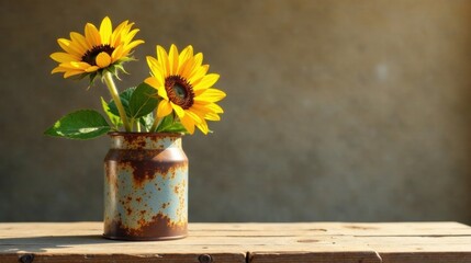 Fototapeta premium Rustic charm of two vibrant sunflowers in a weathered metal container, sitting elegantly on a worn wooden surface against a muted background