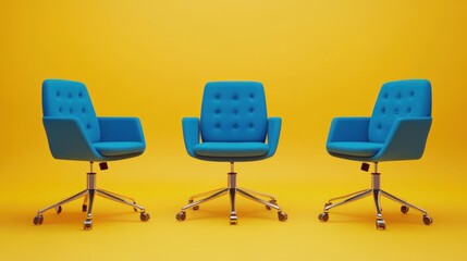 Obraz premium Three blue office chairs, yellow background, meeting
