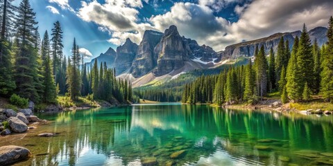 Mountain lake surrounded by towering pine trees and rocky cliffs, reflection, serene, lakes