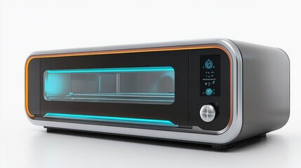 Obraz premium A modern stainless steel oven with a glass door, glowing interior light, and digital controls in a sleek kitchen.