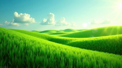 Fototapeta premium Serene Rolling Hills of Lush Green Grass Under a Bright Sunny Sky with Puffy White Clouds