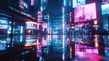 Obraz premium A neon-lit nightscape of Dotonbori, with colorful billboards and reflections shimmering on the canal.