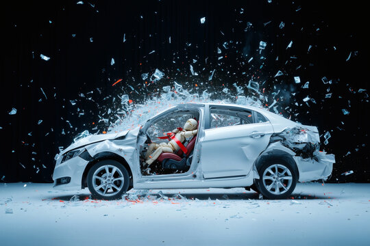 Car crash impact with crash test dummy inside