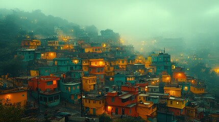 Naklejka premium Fog Shrouds Hillside Village Illuminated At Night