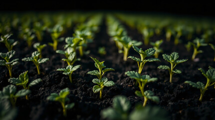young potato plantation in the field, deep black color, pure black background, deep shadows