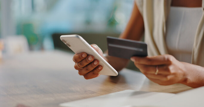 Credit card, phone and hands of person in home for online shopping, internet purchase and payment. Ecommerce, fintech and woman on smartphone typing password for website sale, savings and banking - Powered by Adobe