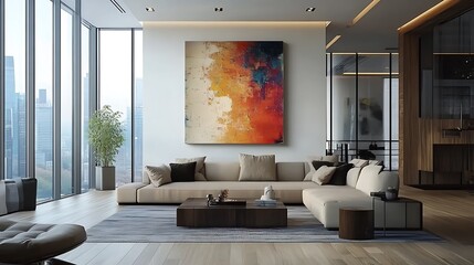 Abstract art painting on canvas in modern living room with city view.