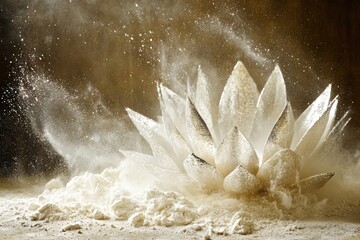 Elegant silver lotus flower amidst a flour explosion, creating a dramatic and artistic culinary scene.