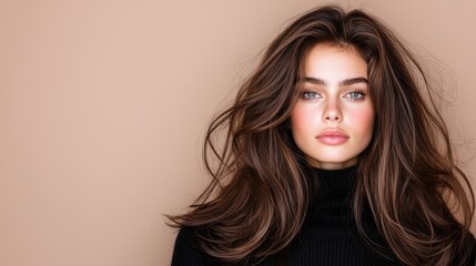 Fototapeta premium Young woman with voluminous brown hair and green eyes posing in a black turtleneck against a beige studio background.