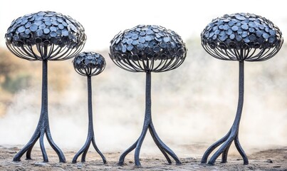 Four metal sculptures resembling stylized plants with round tops and branched bases, arranged in a row against a blurred background.