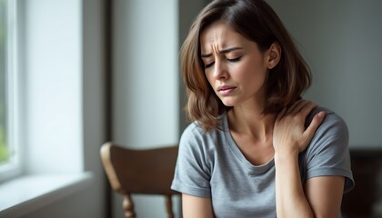 Woman Experiencing Shoulder Pain, Holding Shoulder, Suffering in an Indoor Setting