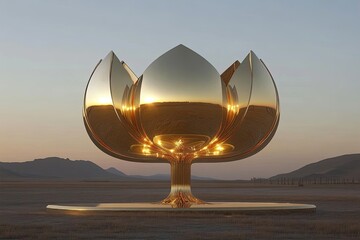 Golden lotus flower sculpture in a desert landscape at sunset.  Reflective surface captures the warm light.