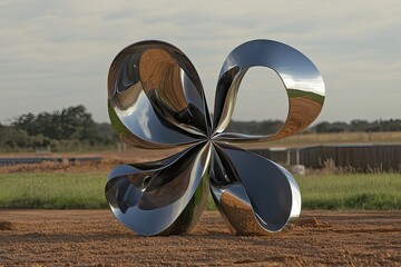 Modern abstract metal sculpture outdoors, reflecting sky and landscape.  A polished steel artwork in a rural setting.