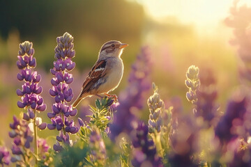       There is a bird sitting on a flower in the middle of a field
