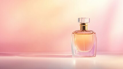 Elegant perfume bottle on soft pastel background.