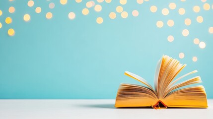 Open book with yellow pages on a light blue background, surrounded by soft glowing lights, evoking warmth