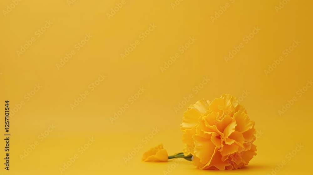 Wall mural Vibrant yellow carnation flower resting on a bright yellow background, creating a cheerful and uplifting atmosphere