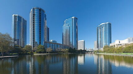 Cityscape, lake reflection, modern buildings, sunny day, park