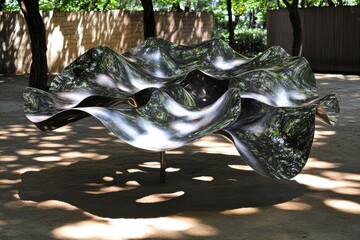 Modern abstract metal sculpture in a park reflecting sunlight and trees.  A unique piece of outdoor art.